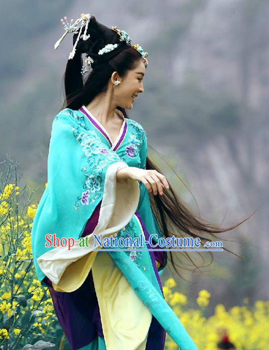 Traditional Ancient Chinese Imperial Emperess Costume, Chinese Han Dynasty Young Lady Dress, Cosplay Chinese Princess Embroidered Clothing Blue Hanfu Costume for Women