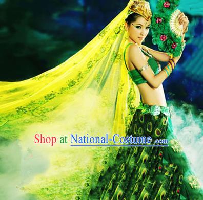 Traditional Ancient Indian Palace Sari Blue Peacock Costumes, Indian Young Lady Belly Dance Dress for Women