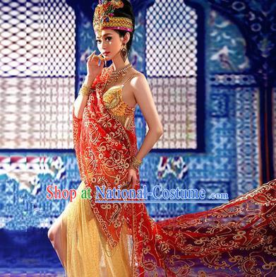 Traditional Ancient Indian Palace Sari Red Costumes, Indian Young Lady Belly Dance Dress for Women
