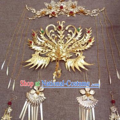 Traditional Handmade Chinese Ancient Classical Imperial Emperess Hair Accessories Phoenix Coronet, Bride Wedding Hairpin, Hanfu Hairpin Complete Set for Women