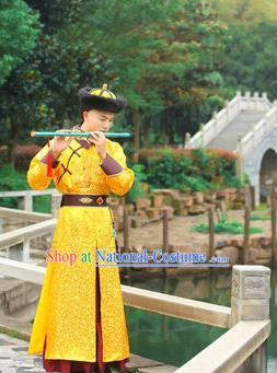 Traditional Ancient Chinese Qing Dynasty Imperial Prince Robes, Qing Dynasty Manchu Imperial Emperor Dragon Yellow Costumes for Men