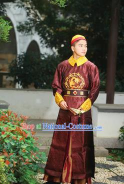 Traditional Ancient Chinese Qing Dynasty Imperial Prince Robes, Manchu Imperial Emperor Embroidered Dragon Costumes for Men