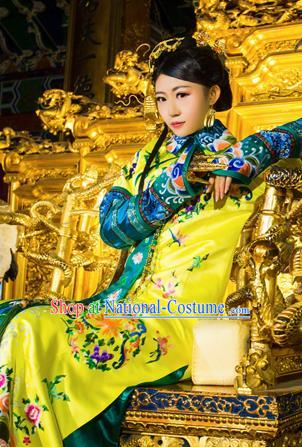 Traditional Ancient Chinese Imperial Emperess Costume, Chinese Qing Dynasty Manchu Lady Dress, Cosplay Chinese Manchu Minority Princess Consort Clothing for Women