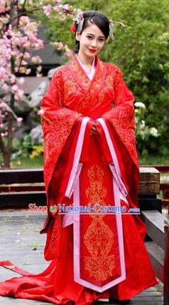 Traditional Ancient Chinese Imperial Emperess Costume, Chinese Han Dynasty Wedding Dress, Cosplay Chinese Peri Concubine Embroidered Red Hanfu Clothing for Women