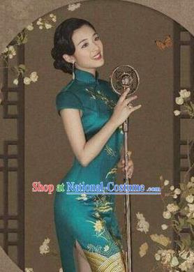 Traditional Chinese Female Costumes Chinese Classic Clothes Chinese Silk Peacock Blue Cheongsam Tang Suits Dress for Women