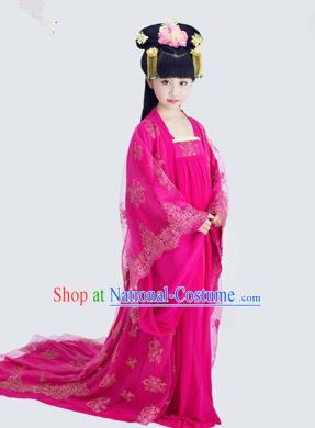 Traditional Ancient Chinese Imperial Consort Children Costume, Chinese Tang Dynasty Little Girl Dress, Cosplay Chinese Concubine Embroidered Clothing Tailing Hanfu for Kids