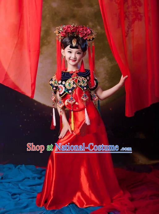 Traditional Ancient Chinese Imperial Consort Children Costume, Chinese Qing Dynasty Manchu Little Girl Dress, Cosplay Chinese Concubine Embroidered Clothing for Kids