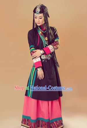 Traditional Chinese Mongol Nationality Dancing Costume, Mongols Female Folk Dance Ethnic Pleated Skirt, Chinese Mongolian Minority Nationality Costume for Women