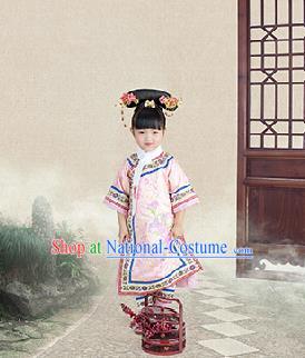 Traditional Ancient Chinese Children Costume, Chinese Qing Dynasty Manchu Little Lady Dress, Cosplay Chinese Manchu Minority Princess Embroidered Clothing for Kids