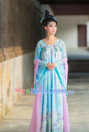 Traditional Ancient Chinese Imperial Emperess Costume, Chinese Tang Dynasty Palace Lady Dress, Cosplay Chinese Princess Blue Printing Clothing for Women