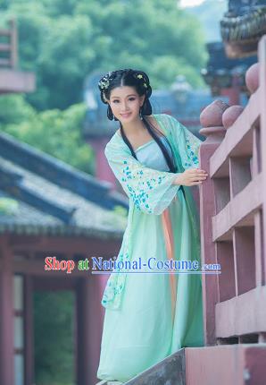 Traditional Ancient Chinese Imperial Emperess Costume, Chinese Tang Dynasty Palace Lady Dress, Cosplay Chinese Princess Printing Flowers Green Ru Skirt Clothing for Women