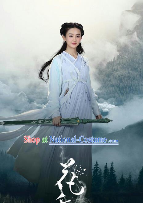 Traditional Ancient Chinese Swordswoman Costume, Chinese Han Dynasty Fairy Elegant Dress, Cosplay Game Character Chinese Peri Princess White Clothing for Women