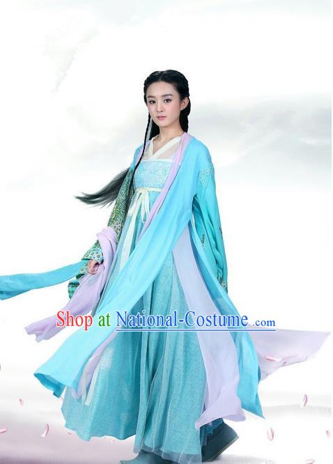 Traditional Ancient Chinese Swordswoman Costume, Chinese Han Dynasty Fairy Elegant Lace Dress, Cosplay Game Character Chinese Peri Princess Blue Clothing for Women