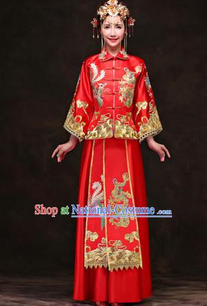 Traditional Ancient Chinese Costume Xiuhe Suits, Chinese Style Wedding Red Dress, Ancient Women Longfeng Dragon And Phoenix Flown Bride Toast Cheongsam for Women