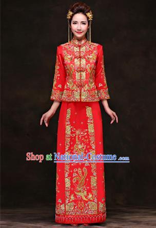 Traditional Ancient Chinese Costume Xiuhe Suits, Chinese Style Wedding Red Dress, Ancient Women Dragon And Phoenix Flown Bride Toast Cheongsam for Women