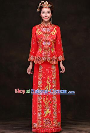 Traditional Ancient Chinese Costume Xiuhe Suits, Chinese Style Wedding Red Dress, Ancient Embroidered Dragon and Phoenix Flown Bride Toast Cheongsam for Women