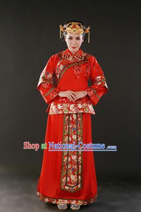 Traditional Ancient Chinese Costume Xiuhe Suits, Chinese Style Wedding Red Dress, Embroidered Dragon and Phoenix Flown Bride Toast Cheongsam for Women