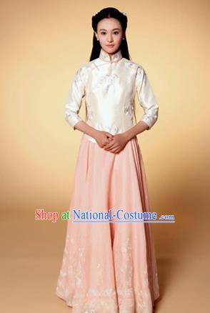 Traditional Ancient Chinese Costume, Chinese Late Qing Dynasty Young Lady Dress Beige Blouse, Republic of China Embroidered Clothing for Women