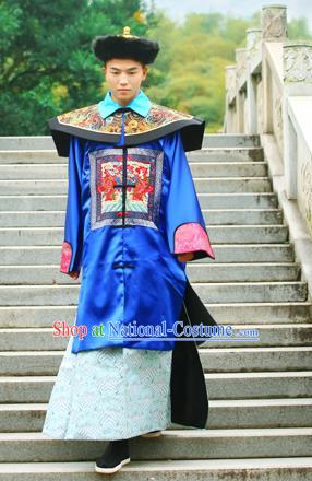 Traditional Ancient Chinese Imperial Emperor Costume, Chinese Qing Dynasty Official Uniforms, Cosplay Chinese Manchu Minister Embroidered Clothing Complete Set for Men