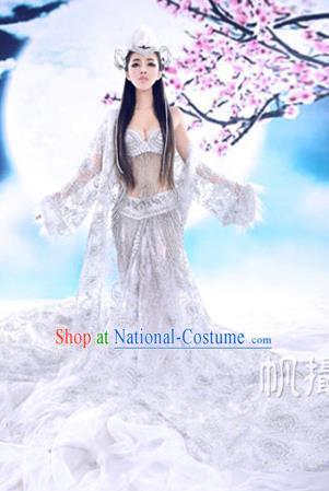 Traditional Ancient Chinese Flying Imperial Consort Costume, Chinese Tang Dynasty Flying Lady Dress, Cosplay Chinese Fairy Imperial Concubine White Clothing Hanfu for Women