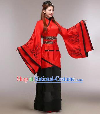 Traditional Ancient Chinese Imperial Emperess Costume, Chinese Han Dynasty Princess Dress, Cosplay Chinese Peri Concubine Embroidered Red Hanfu Clothing for Women