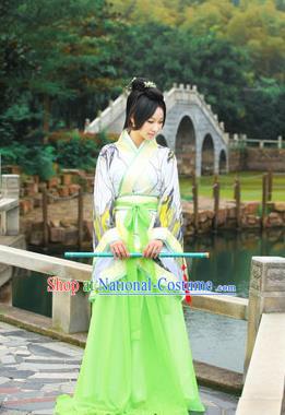 Traditional Ancient Chinese Imperial Emperess Costume, Chinese Han Dynasty Princess Young Lady Chiffon Dress, Cosplay Chinese Peri Concubine Embroidered Hanfu Green Clothing for Women