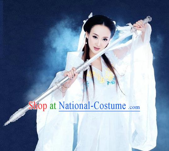 Traditional Ancient Chinese Swordswoman Costume, Chinese Han Dynasty Fairy Dress, Cosplay Game Character Chinese Peri Princess White Clothing for Women