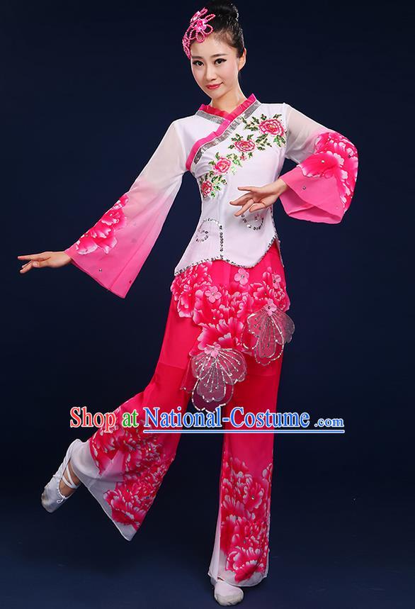 Traditional Chinese Yangge Fan Dancing Costume, Folk Dance Yangko Mandarin Sleeve Peony Painting Blouse and Pants Uniforms, Classic Umbrella Dance Elegant Dress Drum Dance Pink Clothing for Women