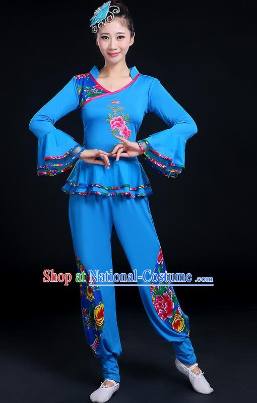 Traditional Chinese Yangge Fan Dancing Costume, Folk Dance Yangko Mandarin Sleeve Peony Painting Blouse and Pants Uniforms, Classic Dance Elegant Dress Drum Dance Red Clothing for Women