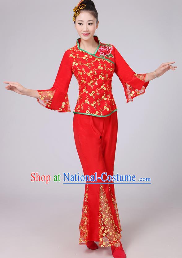 Traditional Chinese Yangge Fan Dancing Costume, Folk Dance Yangko Mandarin Sleeve Gilding Blouse and Pants Uniforms, Classic Dance Elegant Dress Drum Dance Red Clothing for Women