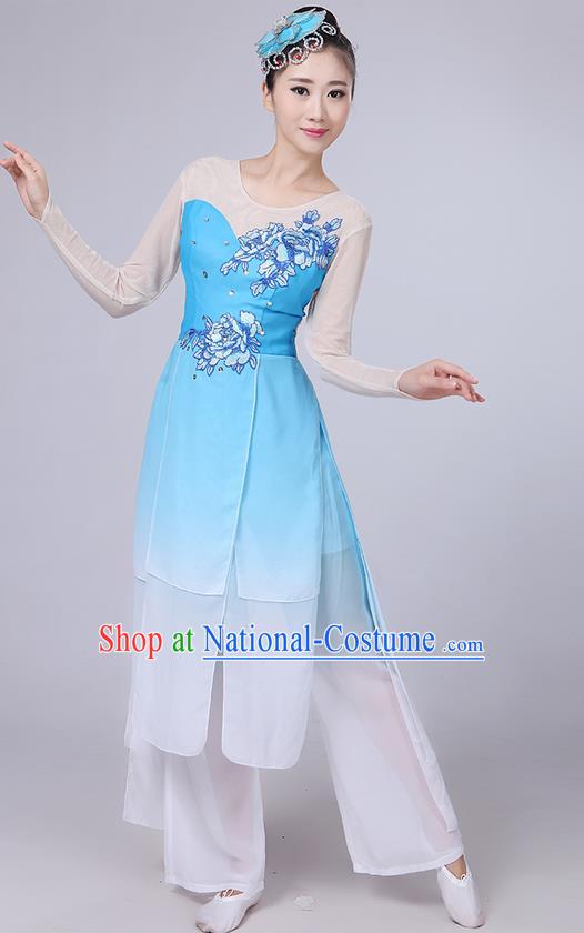 Traditional Chinese Yangge Fan Dancing Costume, Folk Dance Yangko Uniforms, Classic Umbrella Dance Elegant Dress Drum Dance Peony Blue Clothing for Women