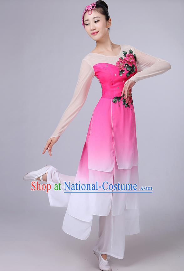 Traditional Chinese Yangge Fan Dancing Costume, Folk Dance Yangko Uniforms, Classic Umbrella Dance Elegant Dress Drum Dance Peony Pink Clothing for Women