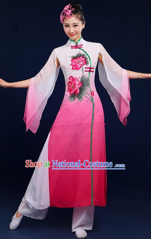 Traditional Chinese Yangge Fan Dancing Costume, Folk Dance Yangko Uniforms, Classic Umbrella Lotus Dance Elegant Dress Drum Dance Pink Clothing for Women