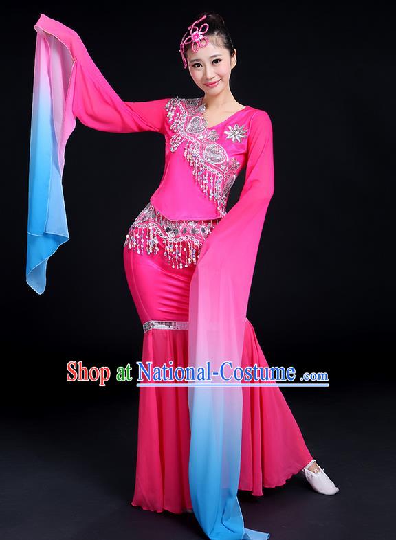 Traditional Chinese Yangge Fan Dancing Costume, Folk Dance Yangko Gradient Water Sleeve Uniforms, Classic Umbrella Dance Elegant Dress Drum Dance Clothing for Women