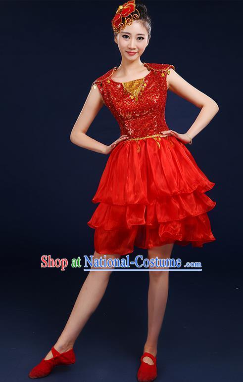 Traditional Chinese Modern Dancing Compere Costume, Women Opening Classic Chorus Singing Group Dance Paillette Bubble Uniforms, Modern Dance Classic Dance Red Short Dress for Women