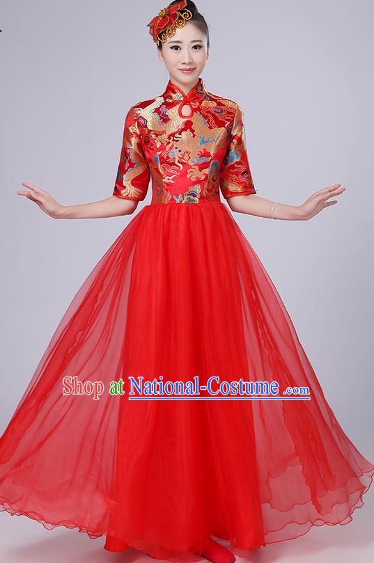 Traditional Chinese Style Modern Dancing Compere Costume, Women Opening Classic Chorus Singing Group Dance Satin Dragon Uniforms, Modern Dance Classic Dance Red Cheongsam Dress for Women