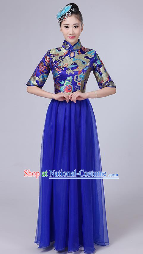 Traditional Chinese Style Modern Dancing Compere Costume, Women Opening Classic Chorus Singing Group Dance Satin Dragon Uniforms, Modern Dance Classic Dance Blue Cheongsam Dress for Women