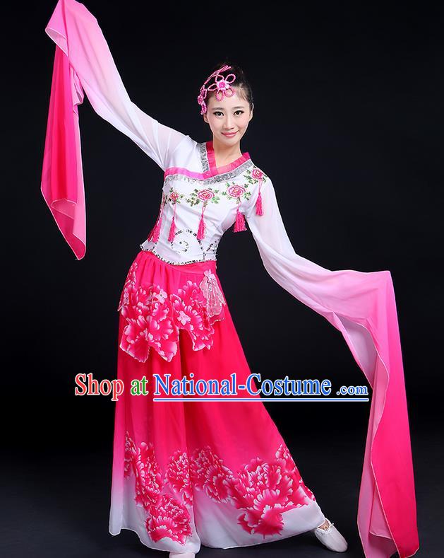 Traditional Chinese Yangge Fan Dancing Costume, Folk Dance Yangko Gradient Water Sleeve Tassel Uniforms, Classic Umbrella Dance Elegant Dress Drum Dance Clothing for Women