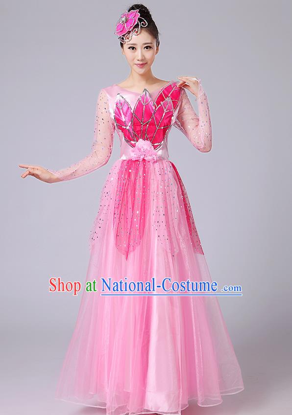 Traditional Chinese Style Modern Dancing Compere Costume, Women Opening Classic Chorus Singing Group Dance Uniforms, Modern Dance Classic Dance Pink Long Big Swing Dress for Women