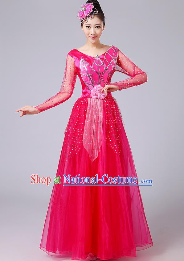 Traditional Chinese Style Modern Dancing Compere Costume, Women Opening Classic Chorus Singing Group Dance Uniforms, Modern Dance Classic Dance Rose Long Big Swing Dress for Women