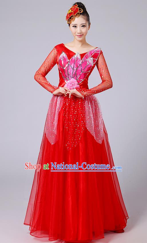 Traditional Chinese Style Modern Dancing Compere Costume, Women Opening Classic Chorus Singing Group Dance Uniforms, Modern Dance Classic Dance Red Long Big Swing Dress for Women