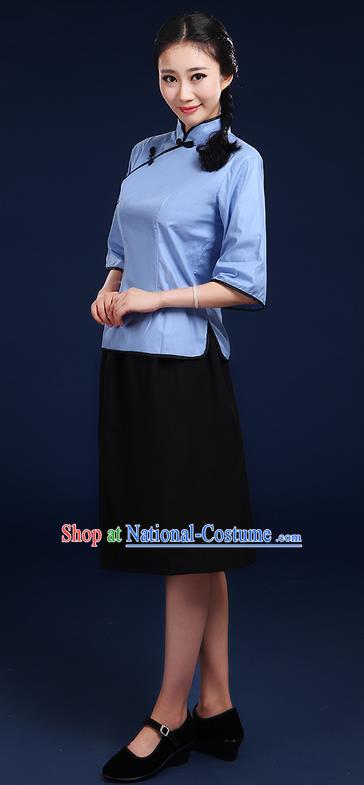 Traditional Chinese Style Modern Dancing Compere Costume, Women Opening Chorus Singing Group Classic Dance May 4th Movement Students Uniforms, Modern Dance Classic Dance Blue Blouse and Skirt for Women