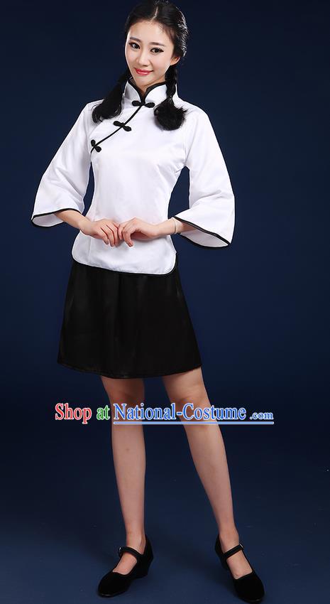 Traditional Chinese Style Modern Dancing Compere Costume, Women Opening Chorus Singing Group Classic Dance May 4th Movement Students Uniforms, Modern Dance Classic Dance White Blouse and Skirt for Women