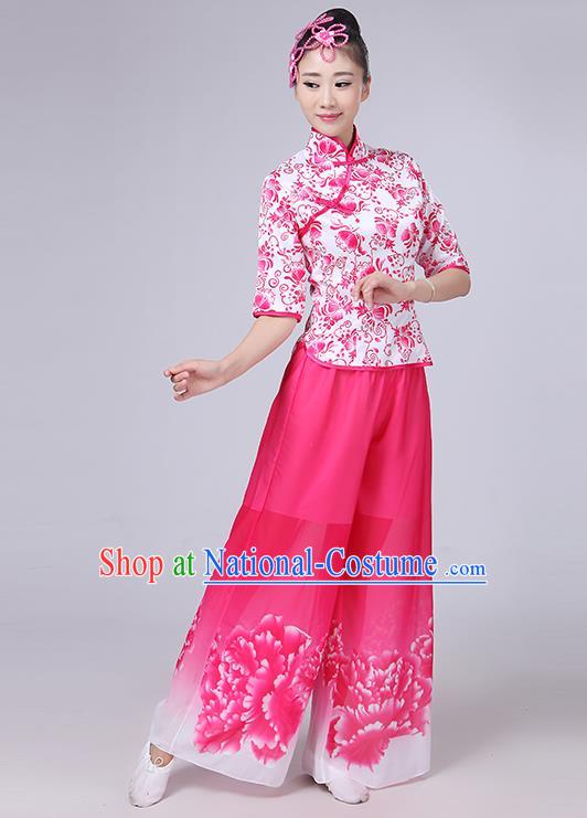 Traditional Chinese Yangge Fan Dancing Costume, Folk Dance Yangko Mandarin Collar Peony Painting Blouse and Pants Uniforms, Classic Dance Elegant Dress Drum Dance Pink Clothing for Women