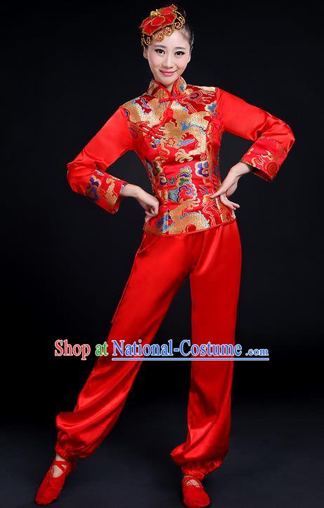 Traditional Chinese Yangge Fan Dancing Costume, Folk Dance Yangko Mandarin Collar Embroidered Dragon Blouse and Pants Uniforms, Classic Dance Elegant Dress Drum Dance Red Clothing for Women