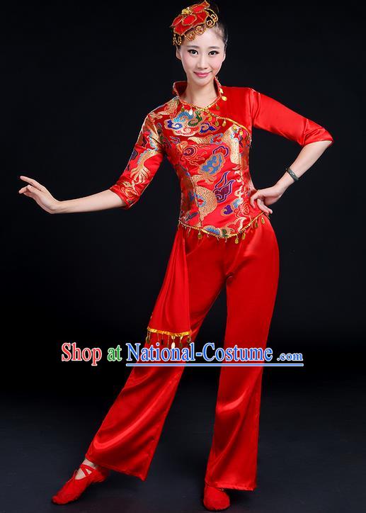 Traditional Chinese Yangge Fan Dancing Costume, Folk Dance Yangko Mandarin Collar Embroidered Dragon Blouse and Pants Uniforms, Classic Dance Elegant Dress Drum Dance Red Clothing for Women