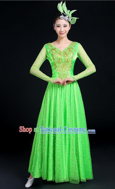 Traditional Chinese Modern Dancing Compere Costume, Women Opening Classic Dance Chorus Singing Group Uniforms, Modern Dance Classic Dance Big Swing Green Dress for Women