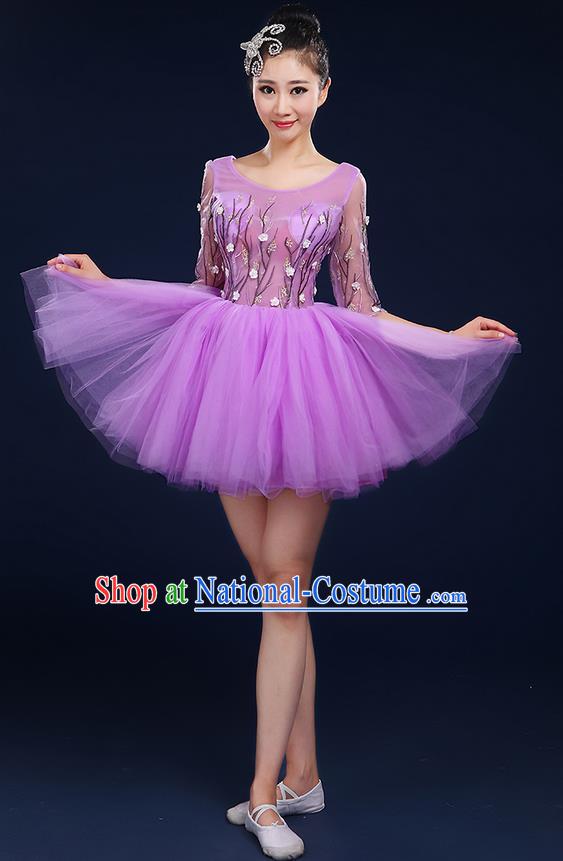 Traditional Chinese Modern Dancing Compere Costume, Women Opening Classic Dance Chorus Singing Group Bubble Uniforms, Modern Dance Classic Dance Big Swing Purple Short Dress for Women