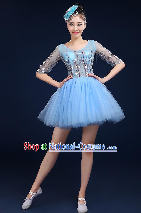 Traditional Chinese Modern Dancing Compere Costume, Women Opening Classic Dance Chorus Singing Group Bubble Uniforms, Modern Dance Classic Dance Big Swing Blue Short Dress for Women