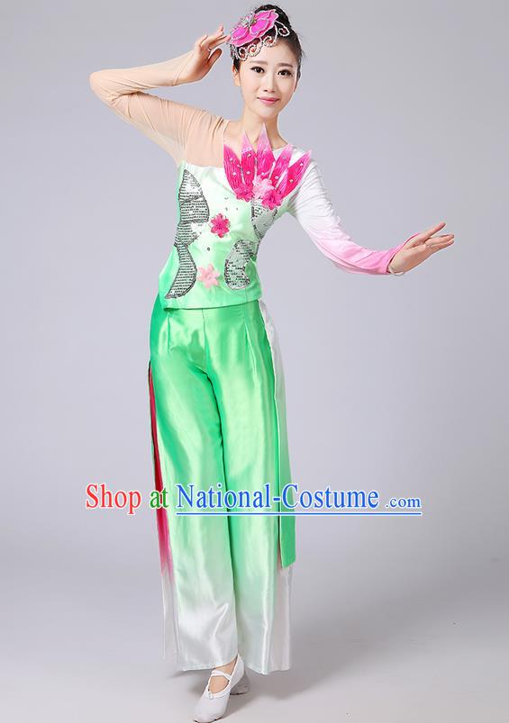 Traditional Chinese Yangge Fan Dancing Costume, Folk Dance Yangko Uniforms, Classic Umbrella Dance Elegant Dress Drum Dance Flowers Green Clothing for Women